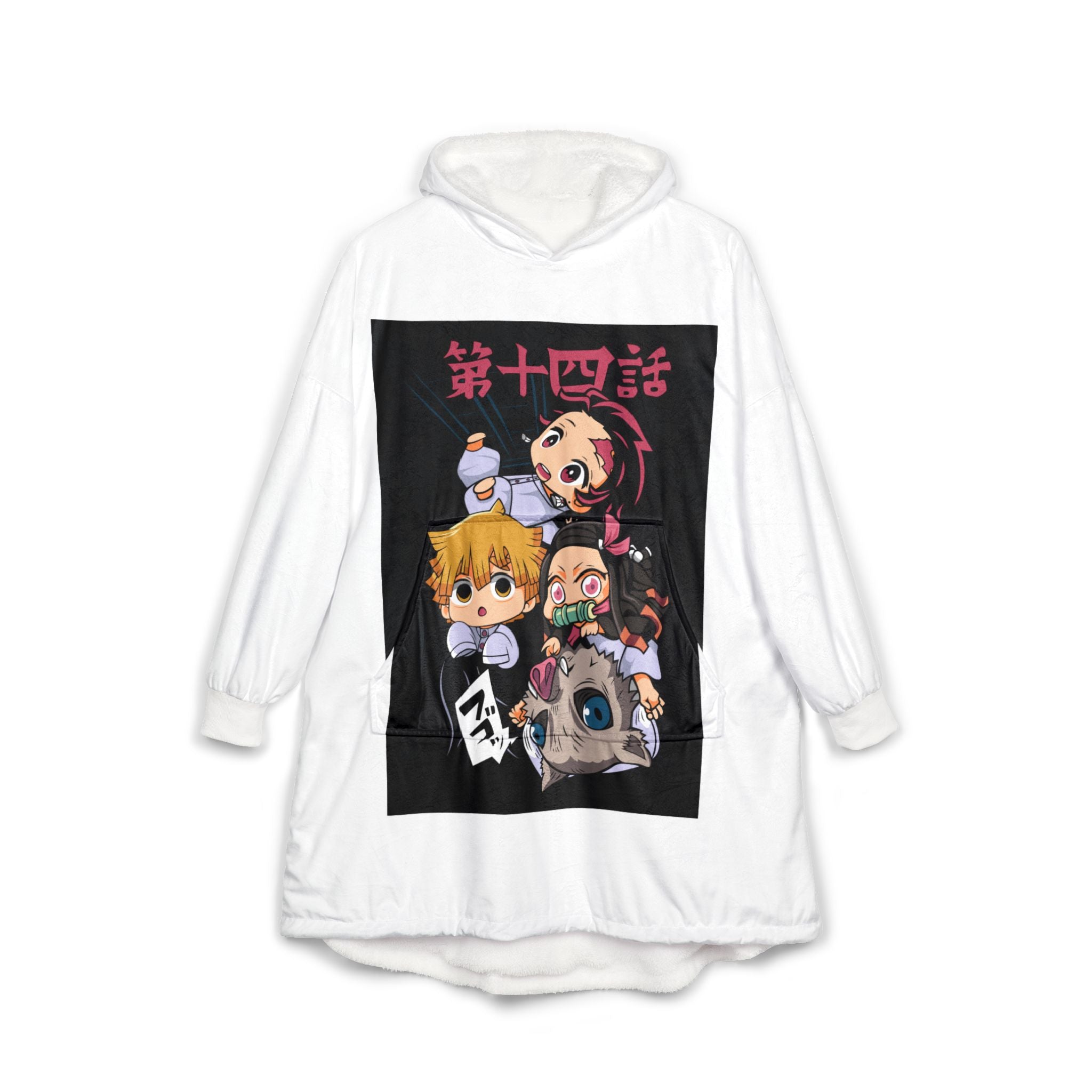 Anime Chibi Hooded Blanket — Cute Character Panel with Japanese Text
