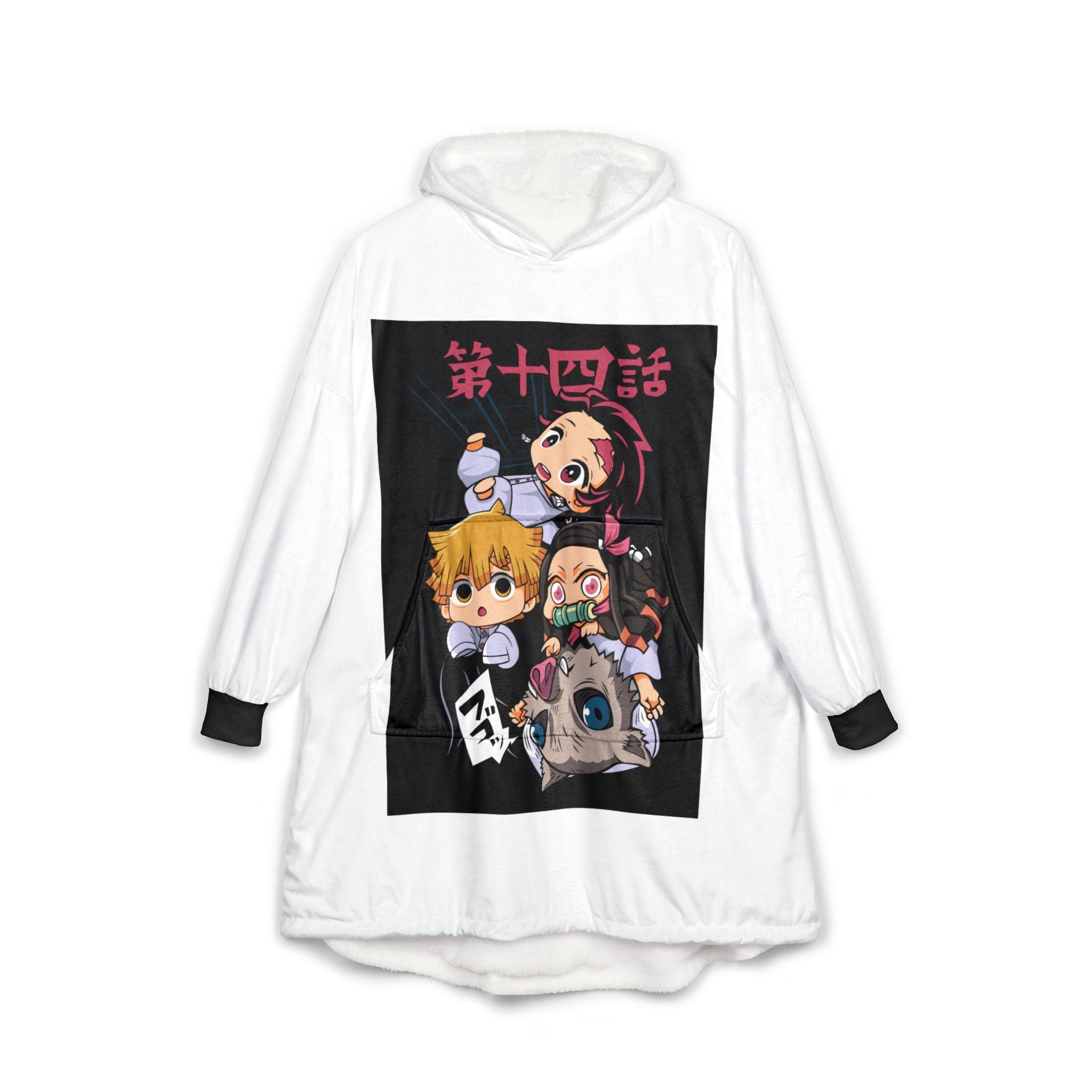 Anime Chibi Hooded Blanket — Cute Character Panel with Japanese Text
