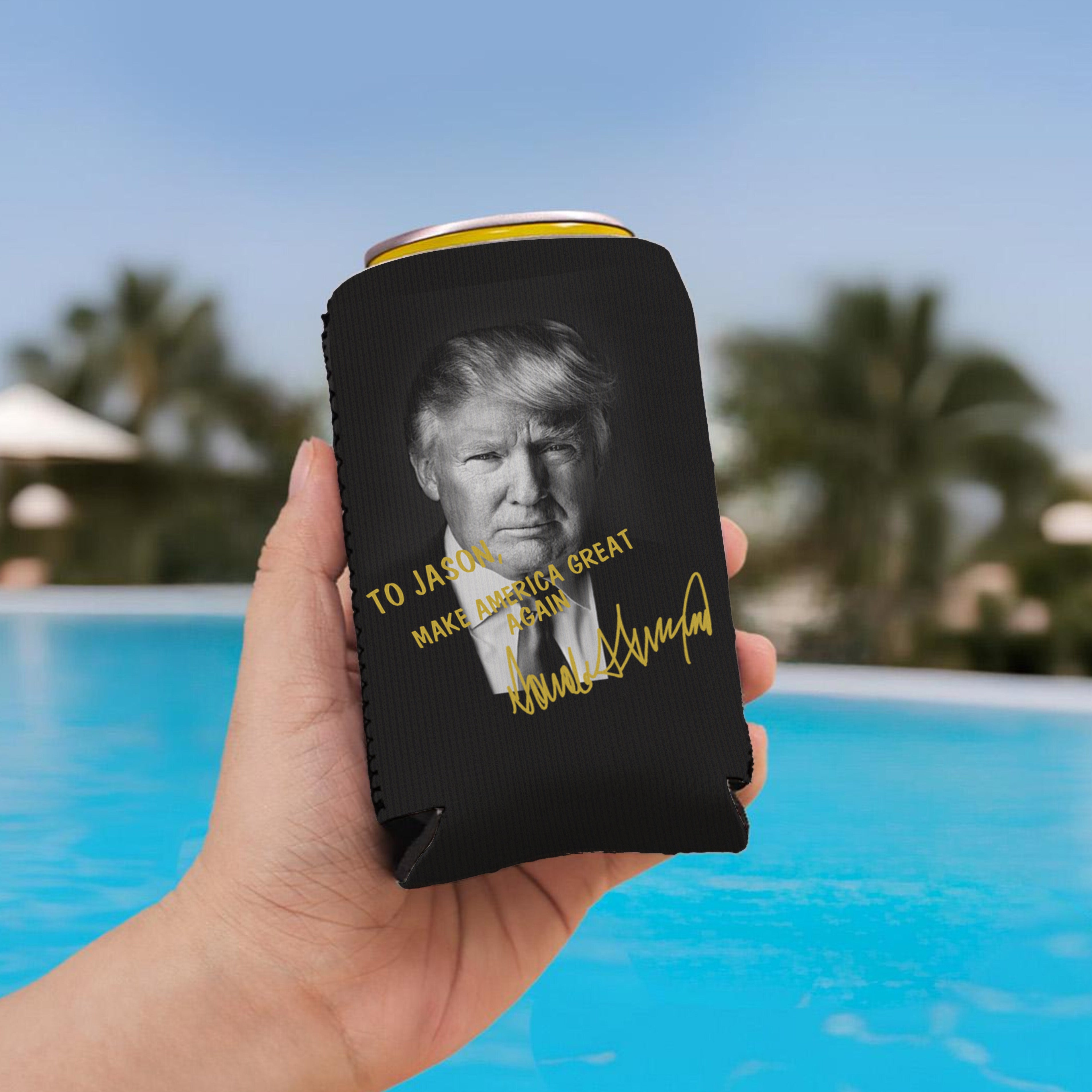 Personalized Donald Trump Autographed Can Cooler | Donald Trump Homage Can Holder |  Black Can Sleeve For Drinks 682433 - GOP