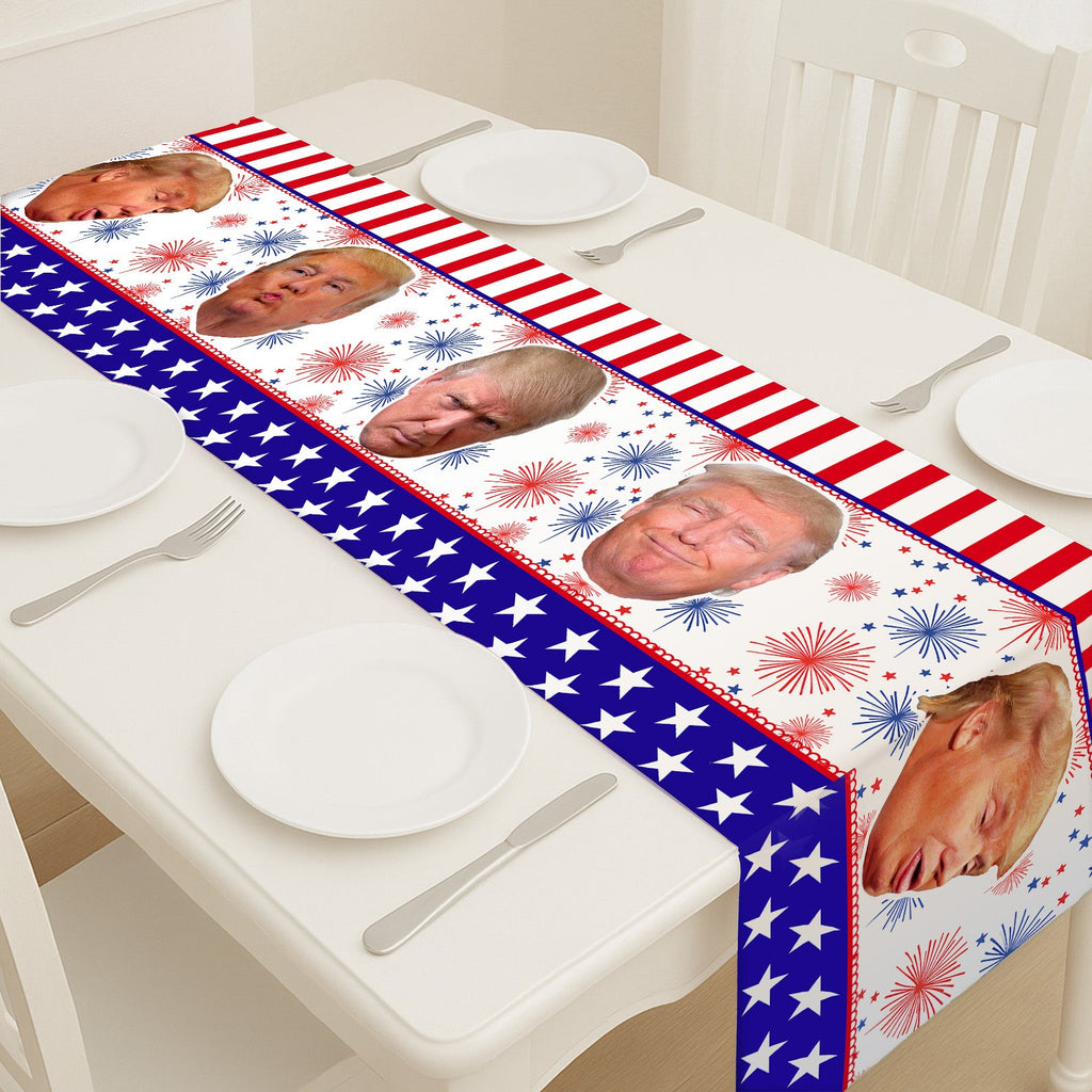 Trump Face Fireworks Table Runner | Personalized Trump President 4th Of July | Independence Day Table Runner For Kitchen 682332 - GOP