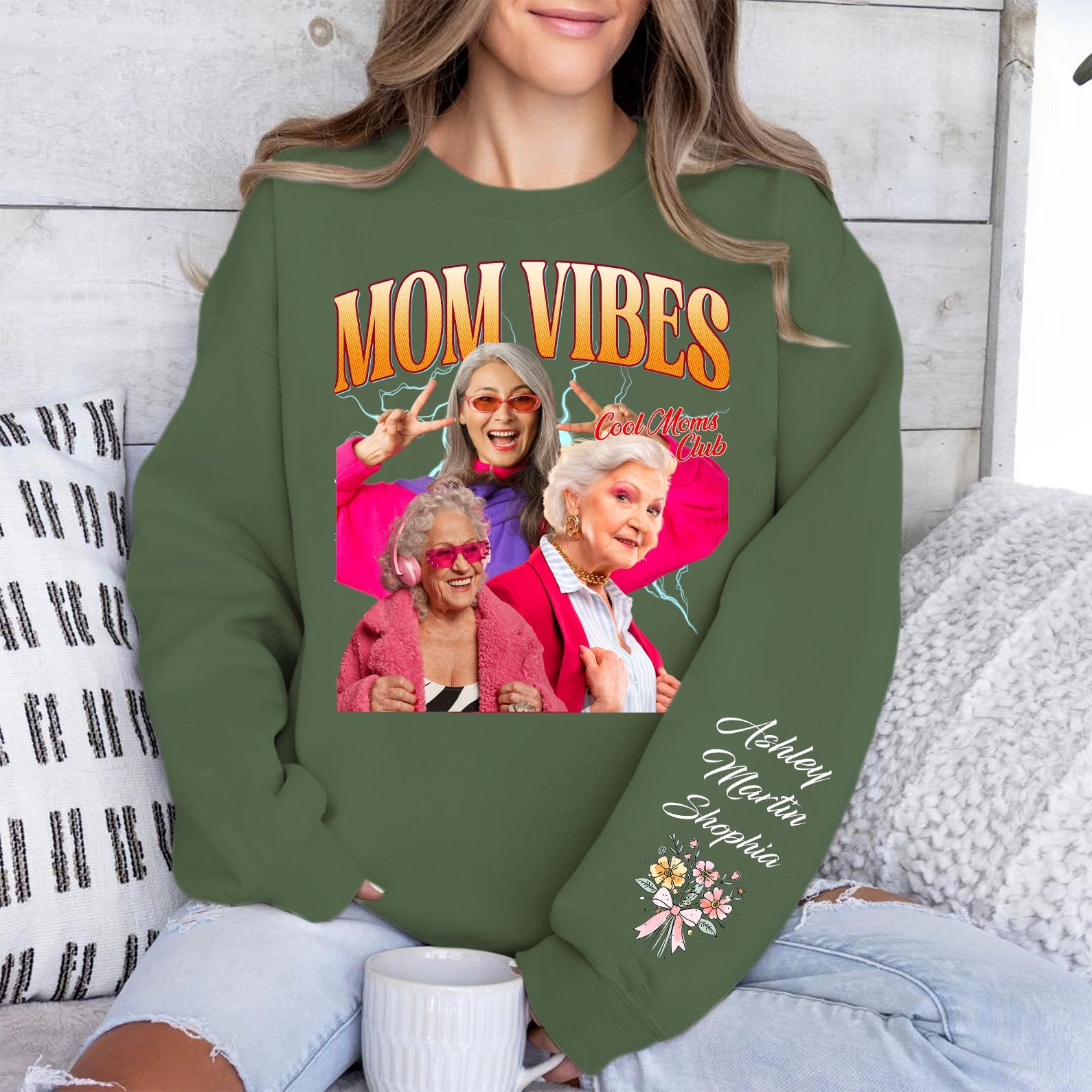 Mom Vibes Custom Name Shirt, Personalized Custom Photo Sleeve Print Sweatshirt, Mother's Day Gifts, Gift For Mom, Gift For Wife 682073