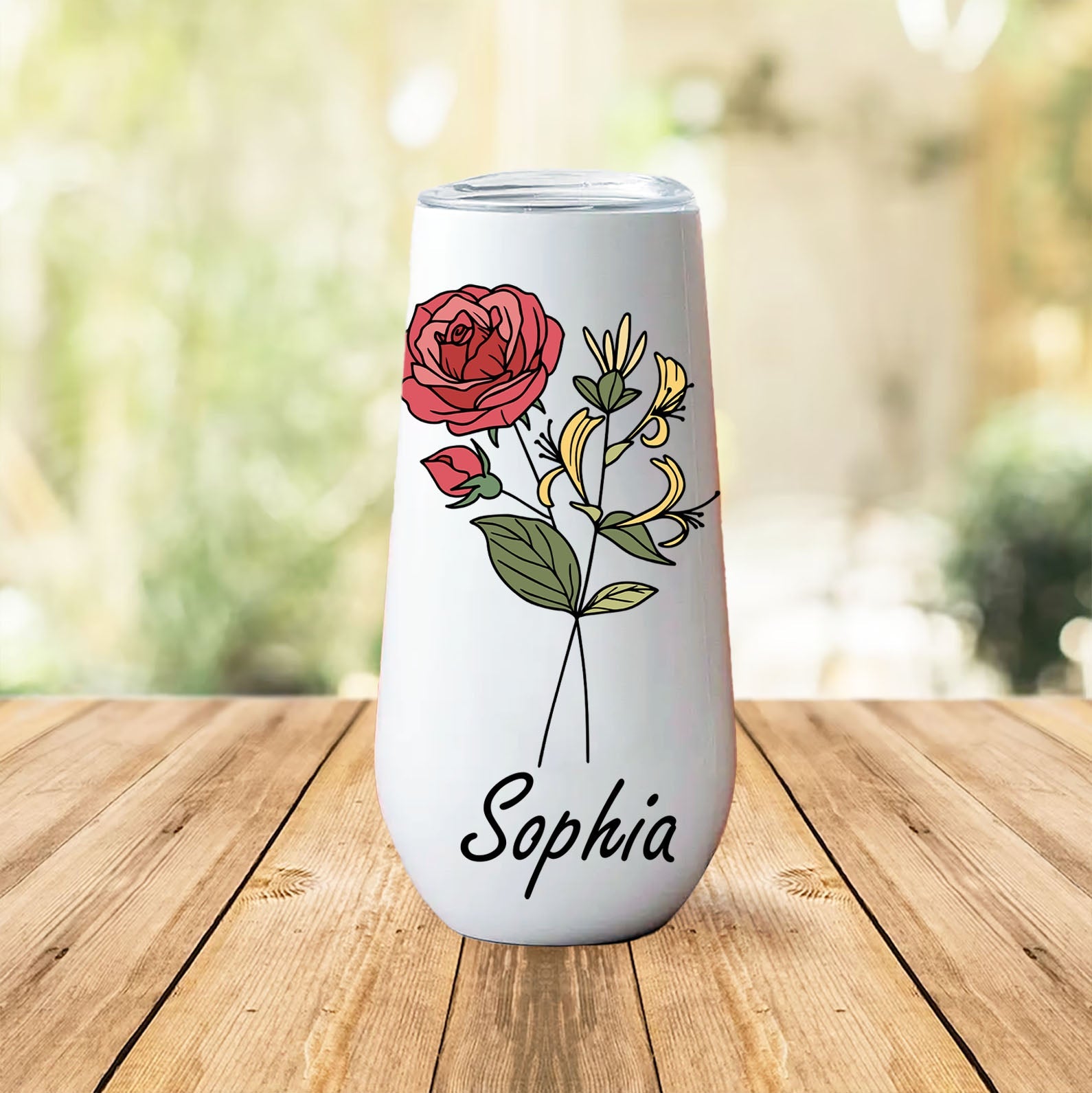 Custom Name With Birth Flower Curved 6oz Tumbler, Personalized Champagne Tumbler, Gift For Mom, Gift For Wife 682095