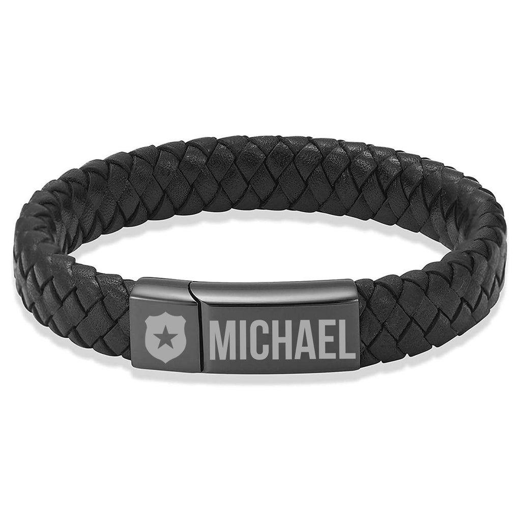 Custom Name Engraved Leather Police Bracelet | Gift for Dad, Mom | Mother's Day Gift, Father's Day Gift | Personalized Unisex Bracelet 682225