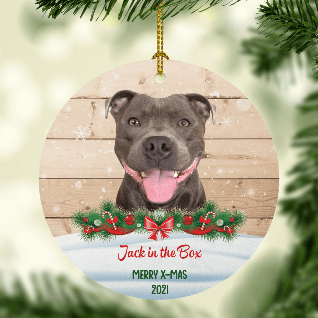 Dog Cat Christmas Wooden Background Photo Ceramic Ornament