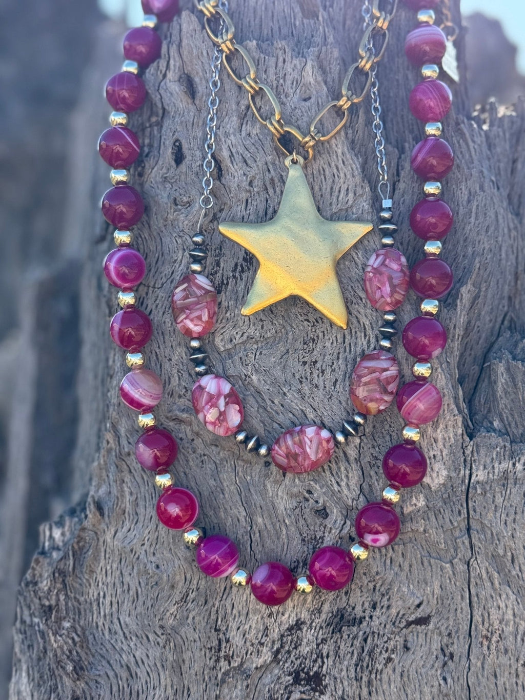Gold Wild Rose Agate Beaded Necklace